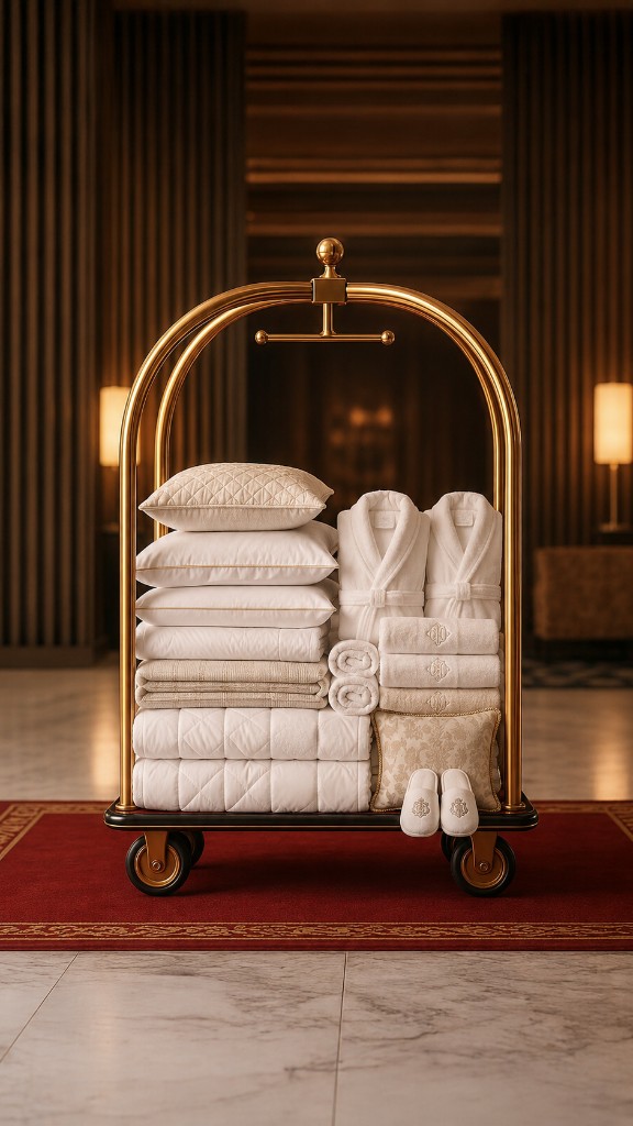 Fornitura tessile hotellerie su carrello in lobby alberghiera