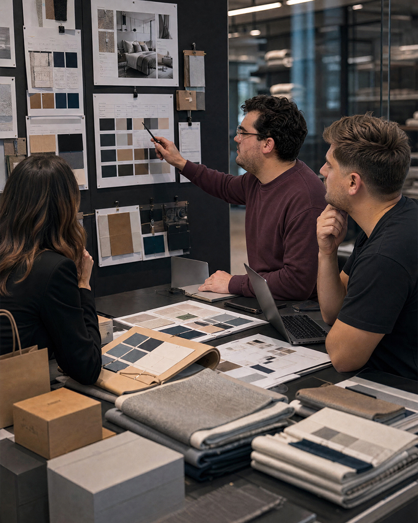 Team al lavoro su moodboard e campionature tessili