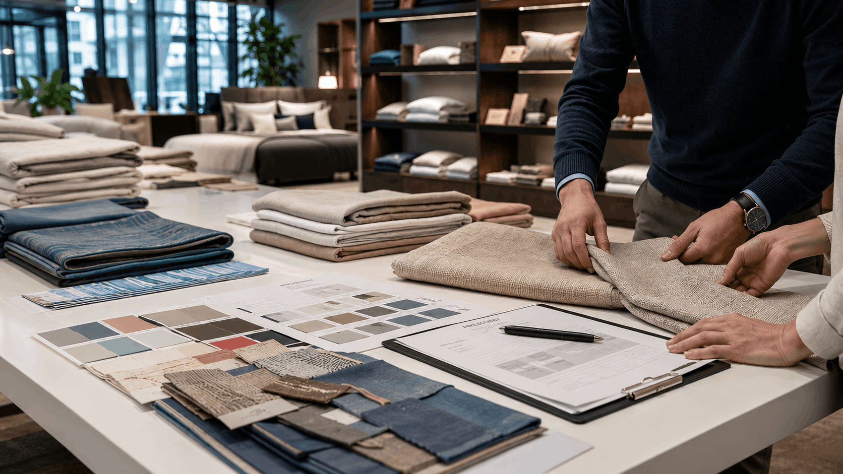 Tavolo di lavoro su campioni tessili per un progetto retail